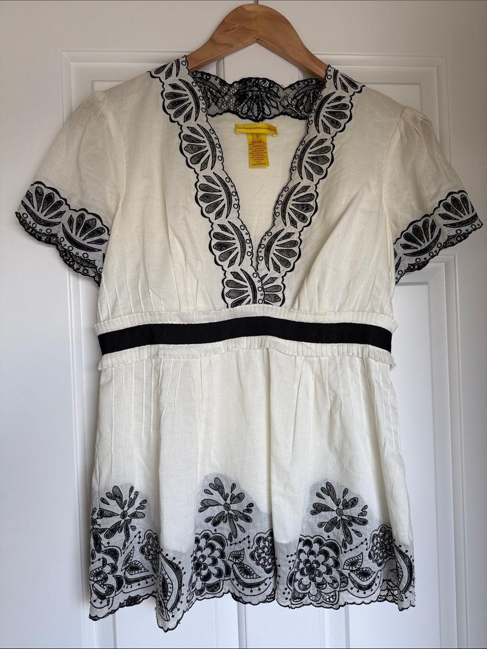 Catherine Malandrino - White Peplum Top  with Black Lace Trim - Size 6.